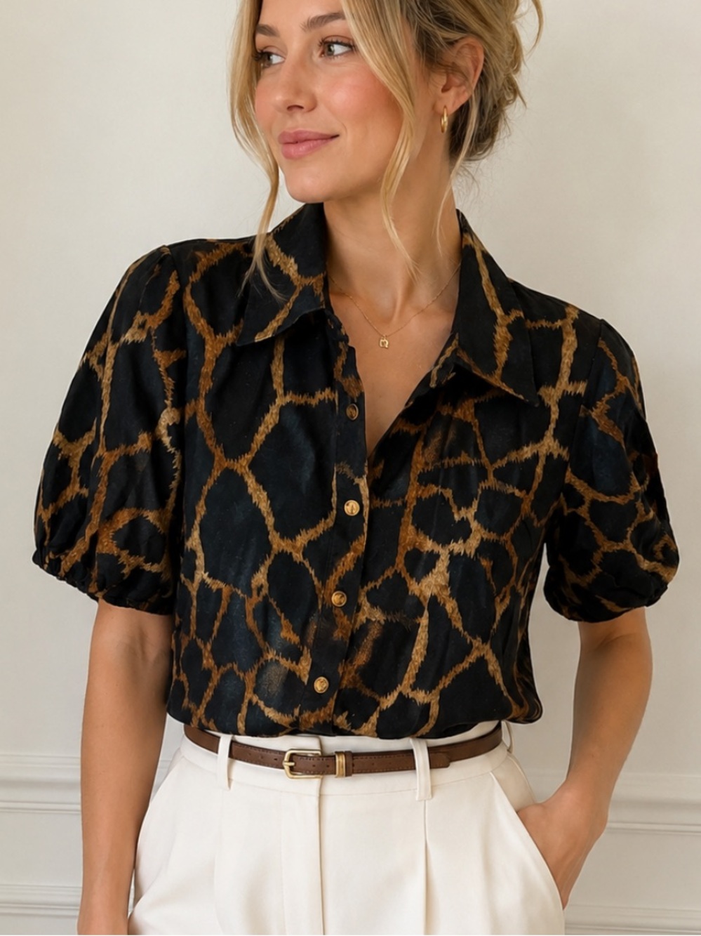 $275 MILLY Giraffe Print Linen Viscose Button Front Puff Sleeve Blouse Medium